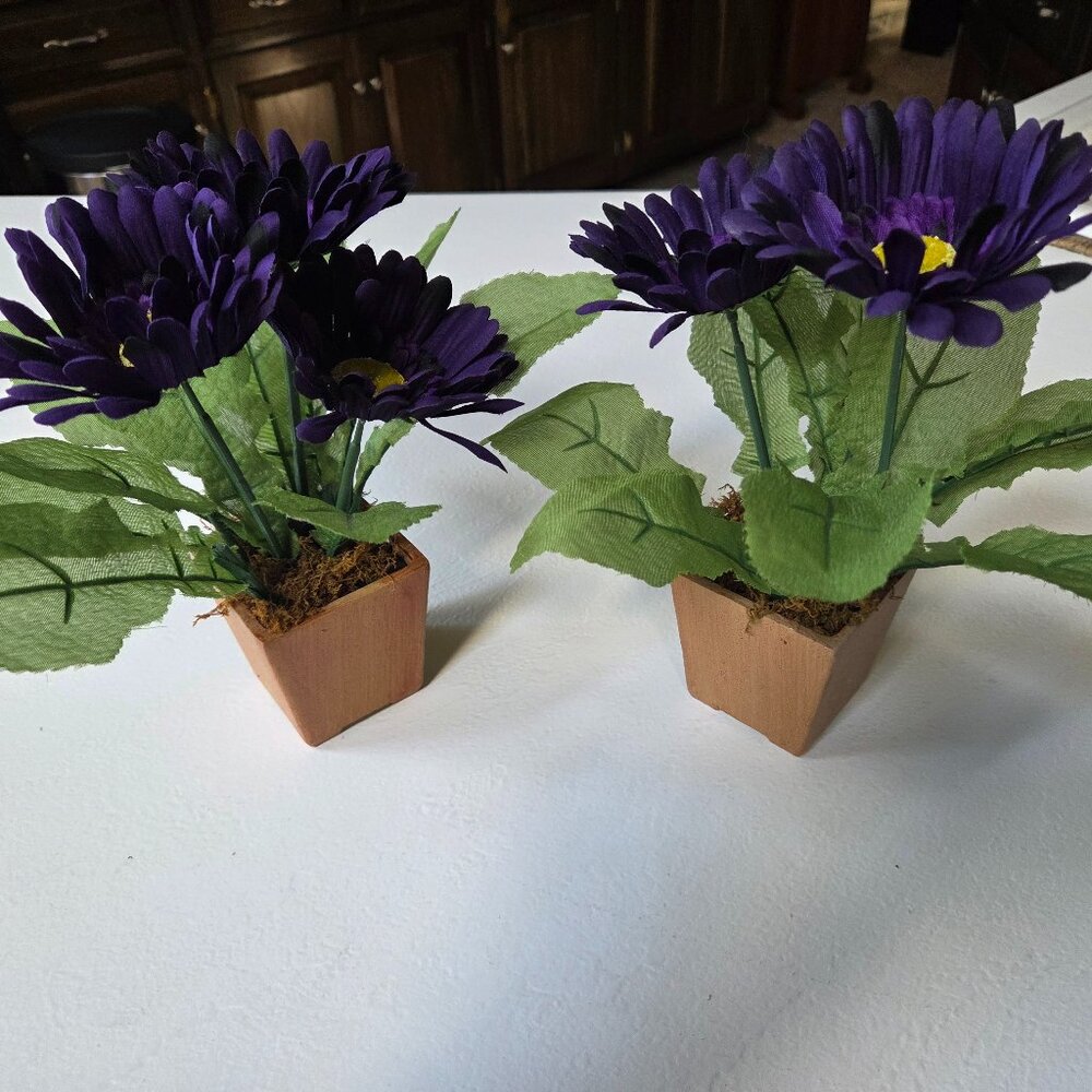 Purple Faux Gerbera Daisies in Faux Wooden Planters (2)
